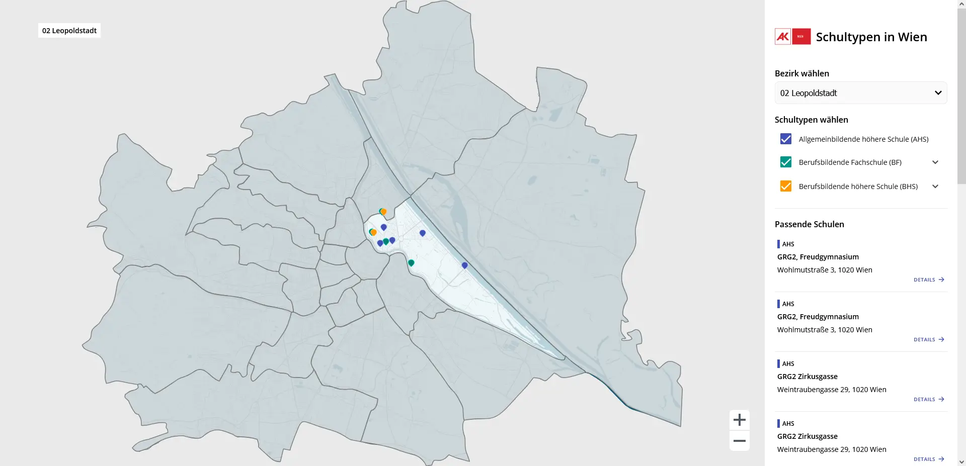 Interaktive Schulkarte für AK Wien